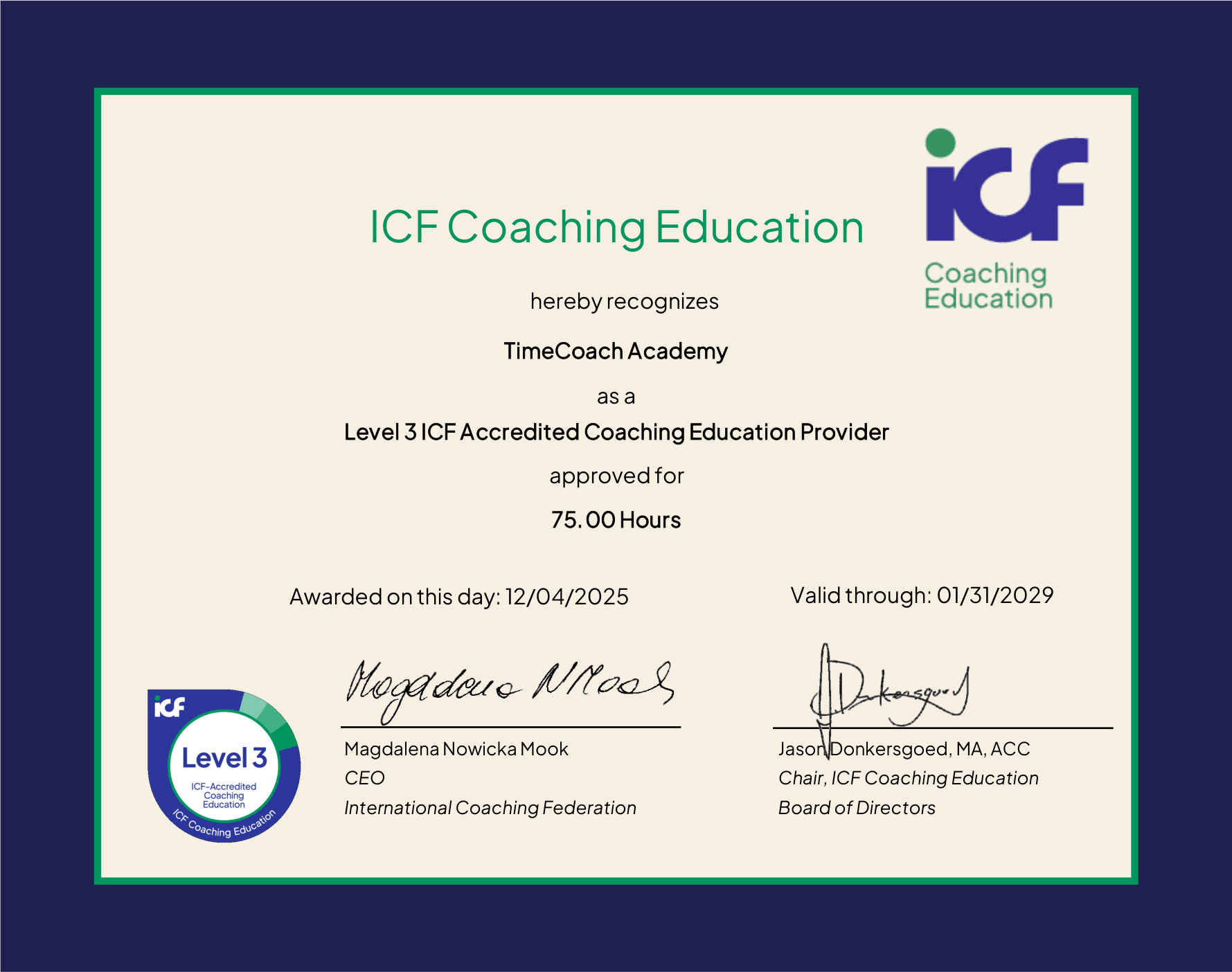 نامه اعتباربخشی ICF سطح ۳